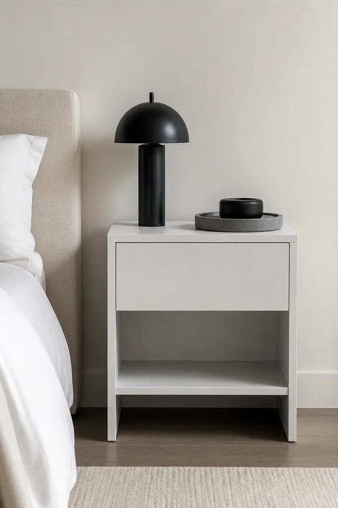 A compact white nightstand tucked slightly behind the bed edge, leaving a clear gap in front. A black lamp and a gray tray sit on top. The wall behind it is painted a soft off-white.