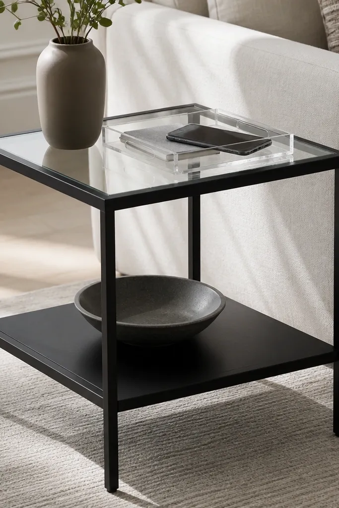 A black metal side table with a tempered glass top and a lower shelf. The glass reflects light softly. A clear acrylic tray holds a phone and a small notebook.