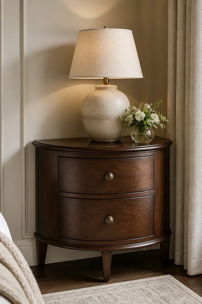 A small corner table with a curved front and two drawers, finished in dark walnut. A cream linen shade lamp sits on top, and the drawers have simple metal pulls.