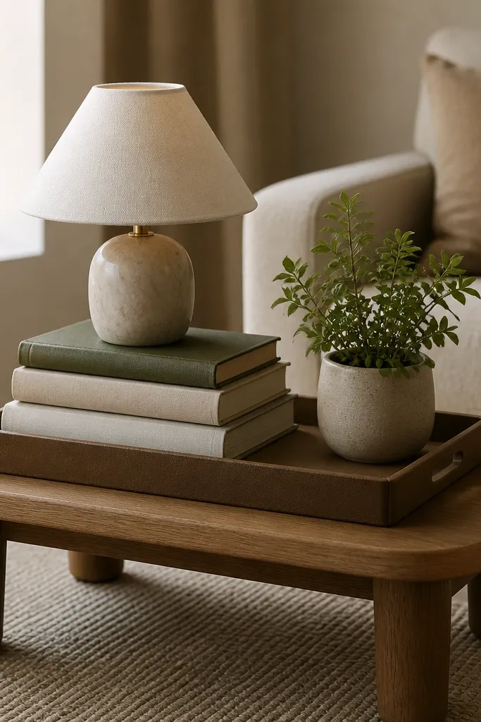 A small low table with a tray on top, topped with three stacked hardcover books. A compact lamp sits on the books, and a small plant sits beside it.