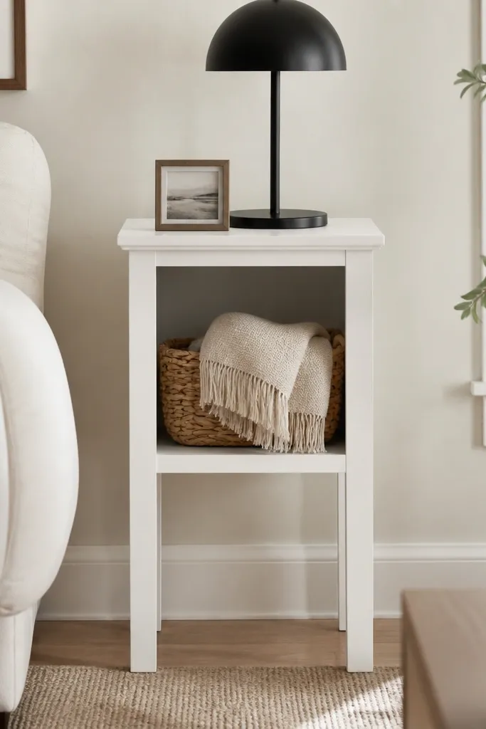A tall, narrow shelf-style side table in white with one open shelf. A single woven basket holds a throw blanket. On top: a minimalist black lamp and a small framed photo.