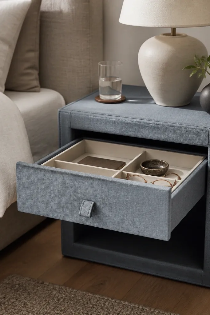 A soft-sided nightstand with a canvas drawer front and a sturdy top panel. The fabric is dusty blue with stitched seams. A lamp sits on top, and the drawer has a removable inner tray visible when opened.