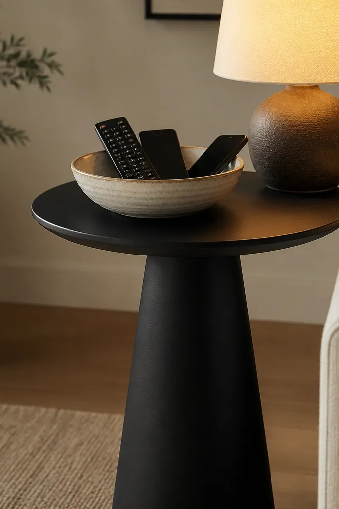 A small pedestal side table in matte black with a circular top. A deep ceramic bowl sits on top holding remote controls and a phone. A warm table lamp glows nearby.