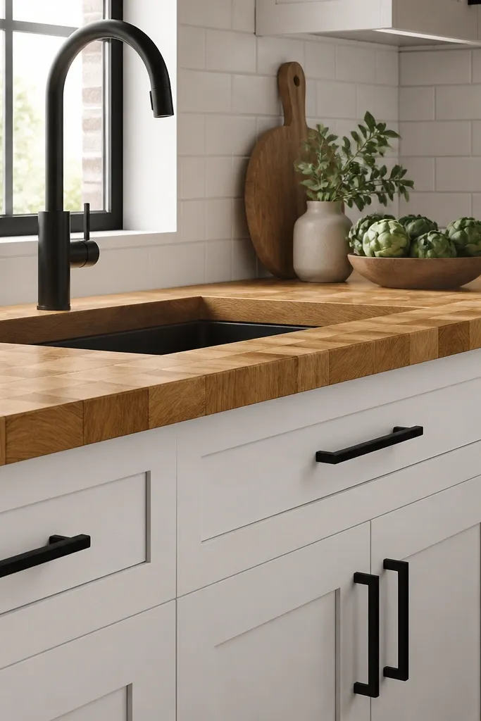 White shaker cabinets with matte black bar pulls. A thick honey-colored butcher block countertop with visible end-grain pattern. White subway tile backsplash, matte black gooseneck faucet.