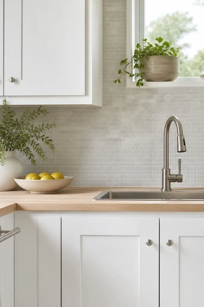 Icy cool-white cabinets with simple round knobs. Butcher block countertop in a lighter neutral tan. Brushed nickel faucet and towel bar. Light gray backsplash with small mosaic tiles.