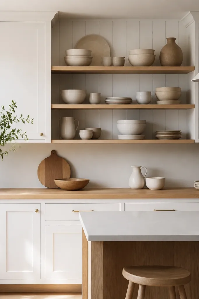 White cabinets with a section replaced by open shelves. Butcher block countertop spans under the shelves. White and tan ceramics stacked neatly. Warm wood stools and a pendant light.