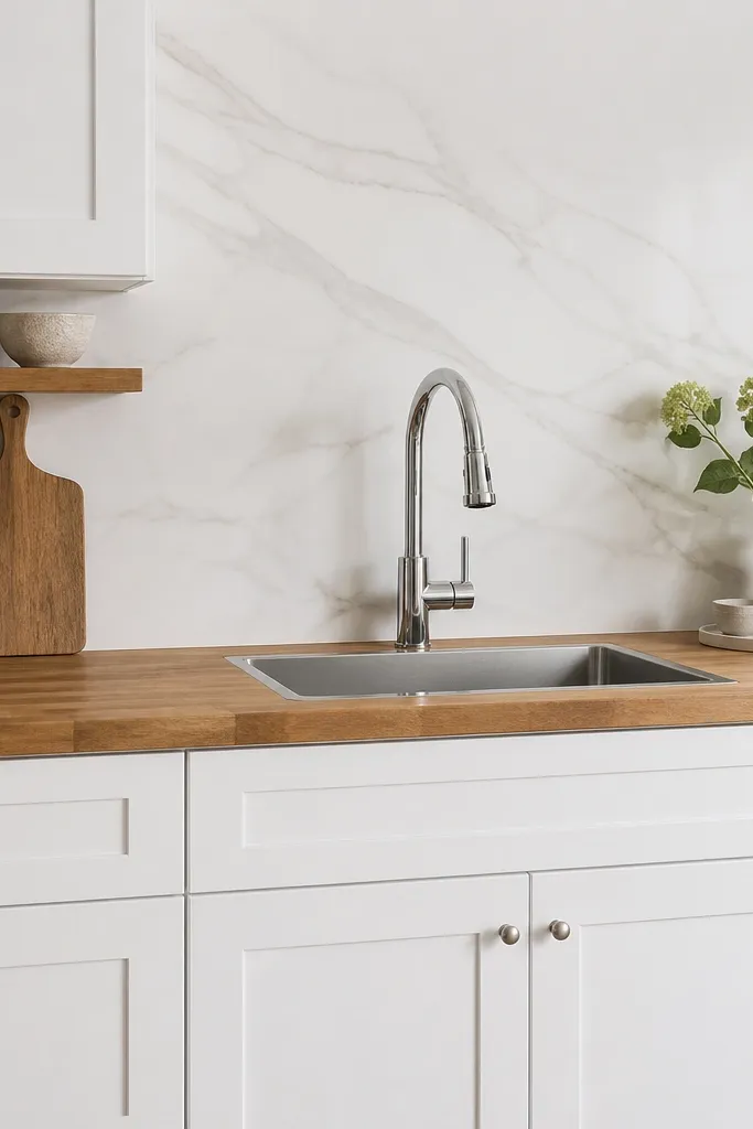 White cabinets with simple shaker doors. Butcher block countertop with warm grain. Backsplash is a white slab-look tile with faint gray veining. Stainless sink and chrome faucet.