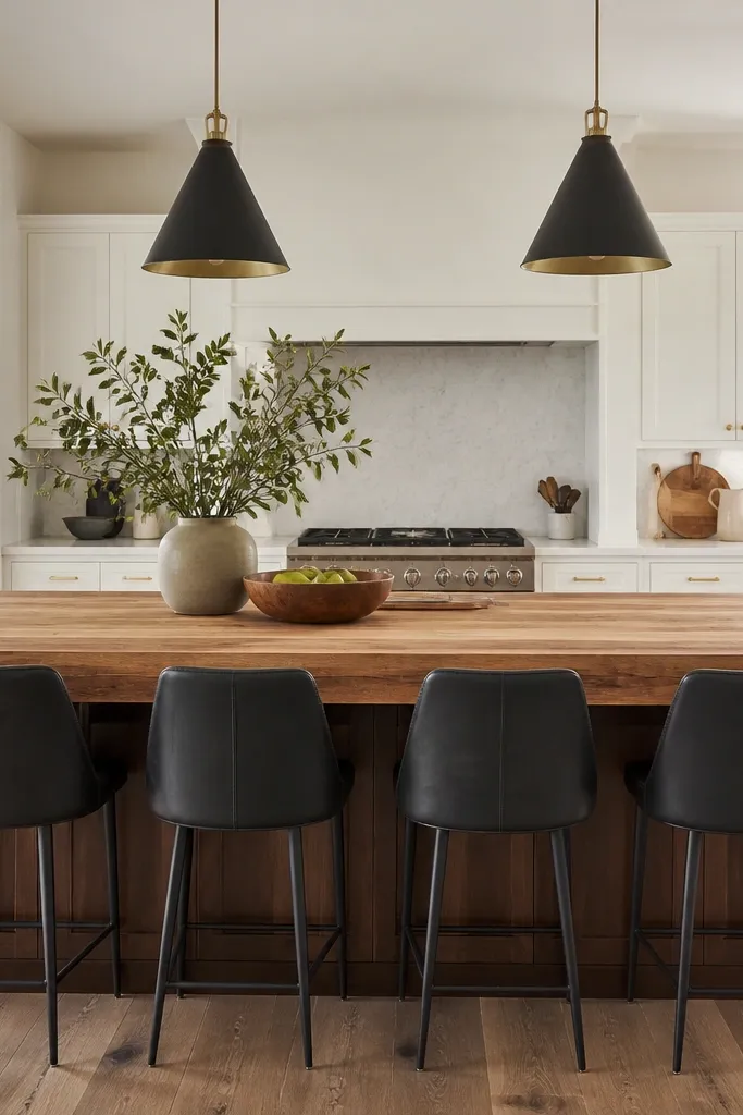 A butcher block island sits in front of white cabinets. The island has a thick top and a slightly darker wood base. Dark charcoal bar stools line up. Pendant lights hang above the island.