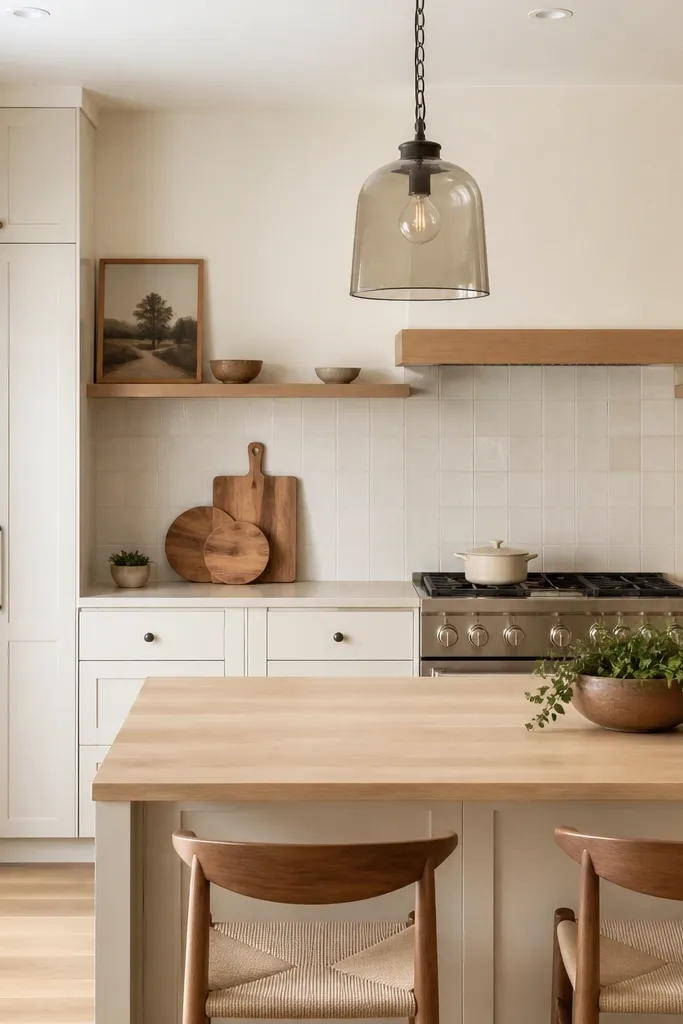 White cabinets with warm undertone. Countertop is a pale birch butcher block with light grain. Smoked glass pendant lights. Creamy white tile backsplash and light wood accents.
