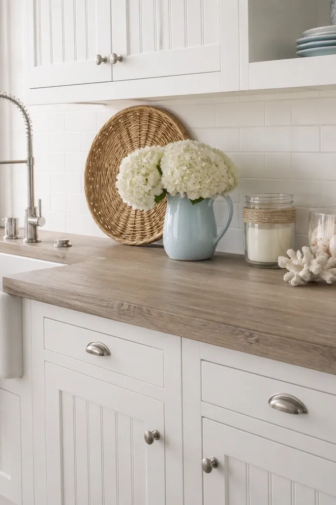 White coastal-style cabinets with beadboard details. Butcher block countertop in a driftwood gray-brown tone. White and light blue accessories. White shaker backsplash.