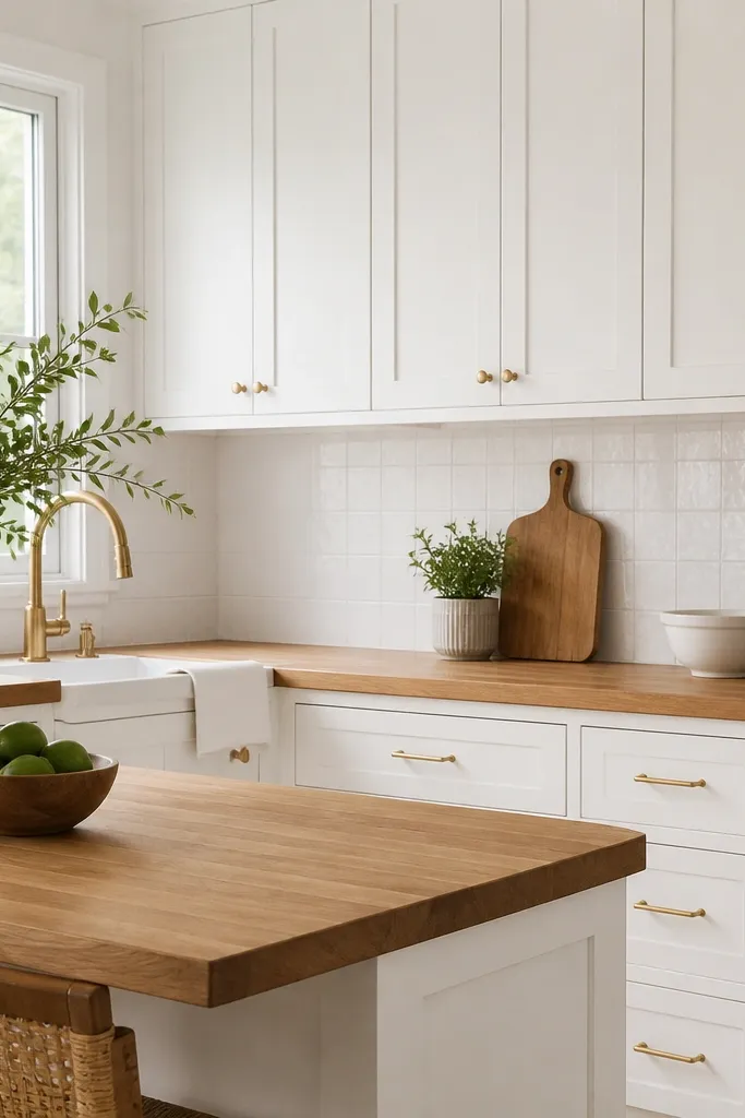 All-white cabinets and white backsplash. Butcher block countertop with warm mid-tone grain. Brass faucet and brass cabinet hardware. White ceramic tile with subtle texture.