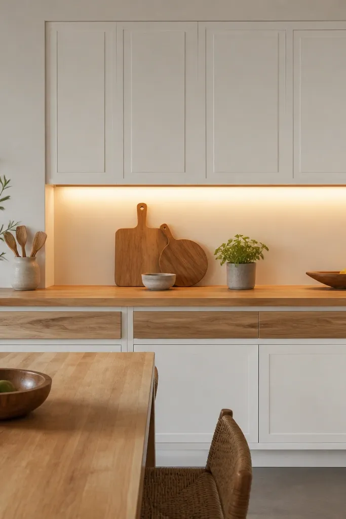 White upper cabinets. Lower cabinets are painted white but with butcher block drawer fronts or trim. Butcher block countertop continues the wood look. Warm under-cabinet lighting.