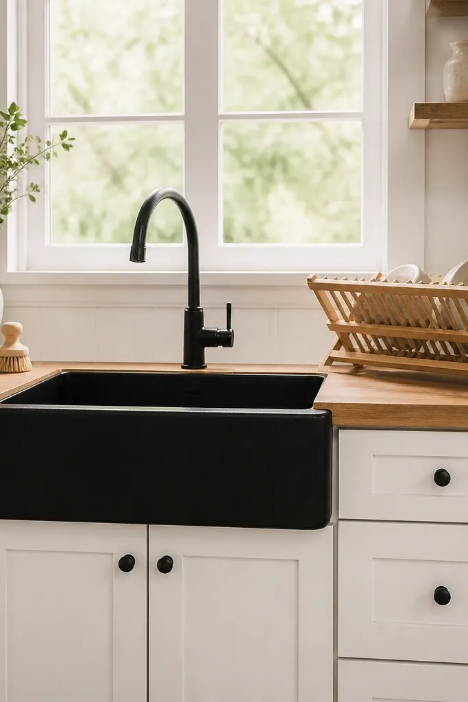 White cabinets with matte black knobs. Butcher block countertop. A black apron front sink. Black faucet and a simple wood dish rack.