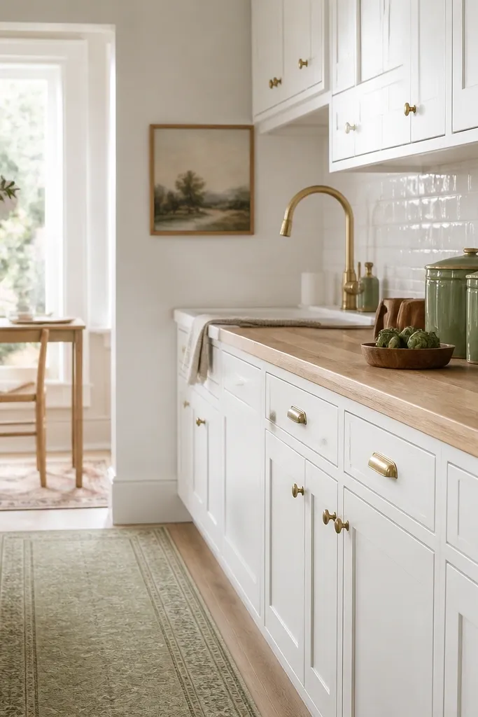White cabinets. Butcher block countertop. A sage green runner and sage canisters on the counter. Brass details and white tile backsplash.