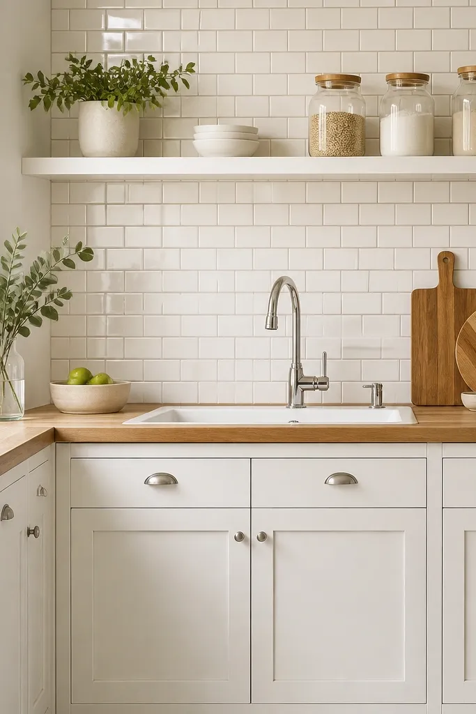 White shaker cabinets. Butcher block countertop. Off-white subway tile backsplash with light tan grout. Polished chrome faucet. White open shelf with jars.