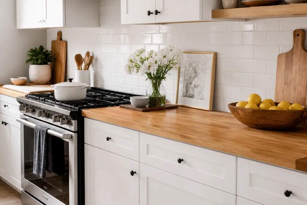 For renters white cabinets butcher block countertops
