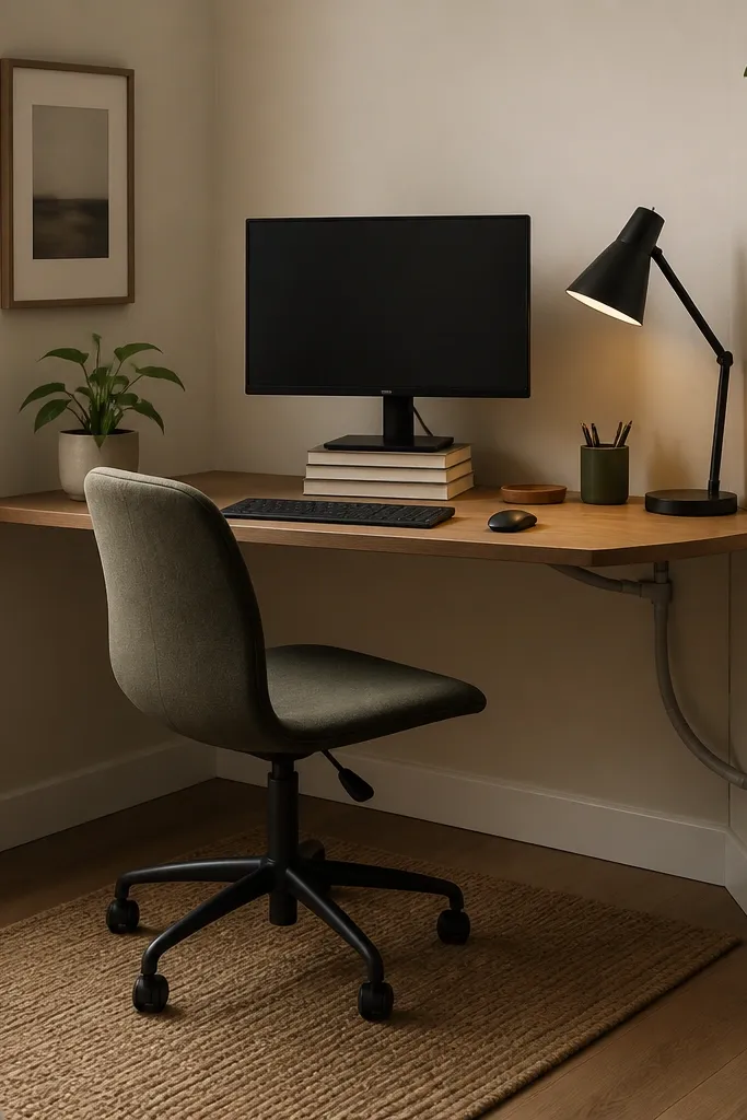 A small corner desk with a monitor centered on a stack of slim books, a matte black desk lamp aimed at the keyboard area, and a low woven rug under the chair. Beige walls, sage accents in a pen cup, and a cable channel taped under the desk.
