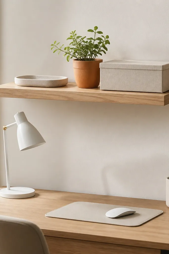 A floating-looking shelf above a compact desk, hung using two strong adhesive mounting strips. On top: a ceramic tray, a small plant in a terracotta pot, and a closed fabric storage box. Desk below has a white lamp and a neutral mouse pad.
