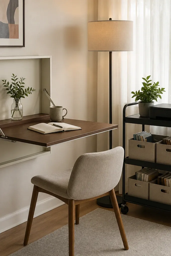 A narrow fold-flat desk pulled from the wall with a rolling cart beside it. The cart has three shelves with labeled bins, a ceramic mug, and a small printer. Behind, sheer curtains soften daylight, and a floor lamp stands in the corner.