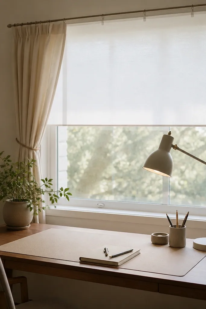 A desk near a window with a light-colored curtain pulled to one side. A small task lamp sits on the desk with its shade aimed downward, and a thin white fabric panel is clipped to the curtain rod above to reduce glare. Desk surface has a beige desk mat.