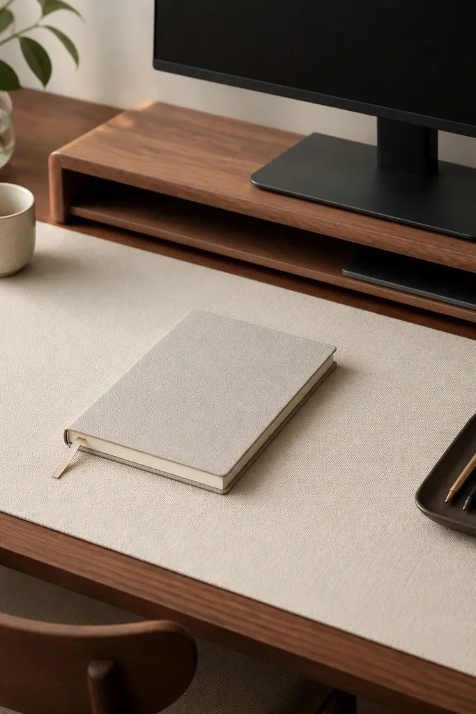 A cream linen desk mat covering most of the desk surface, with a small dark ceramic tray holding pens and scissors. A notebook sits centered, and a slim monitor riser matches the warm wood tone of the desk.