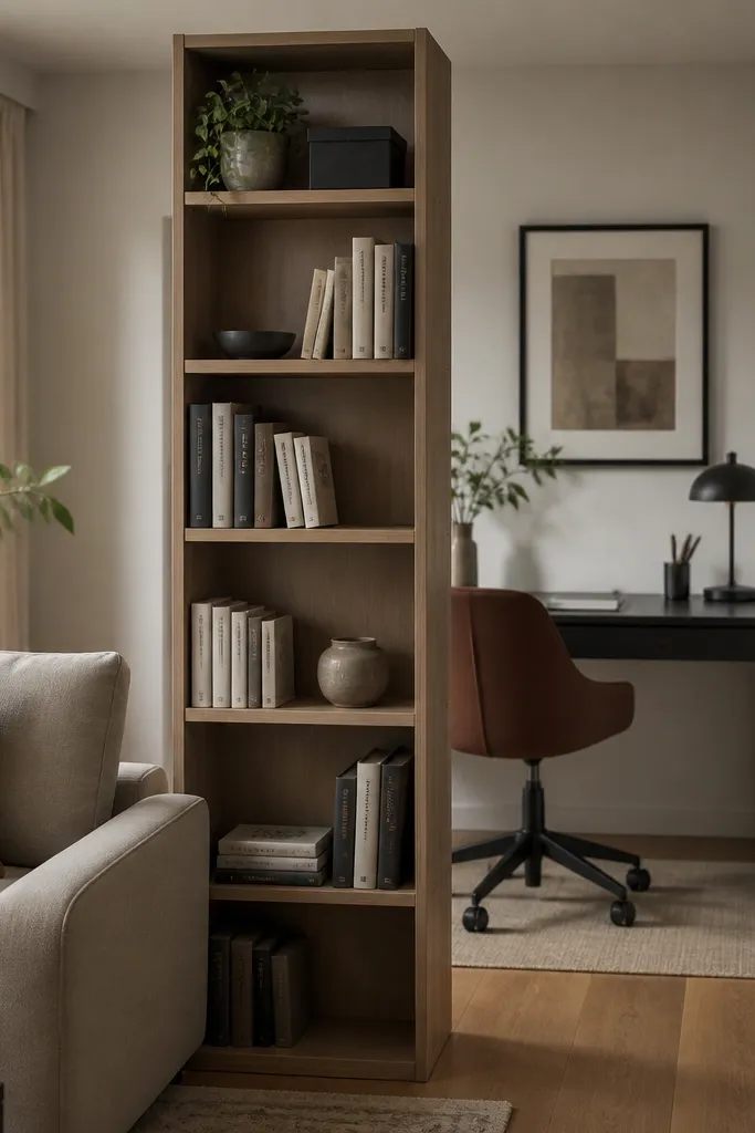 A narrow bookshelf used as a room divider between a living area and a work corner. Books are a mix of neutral covers, and the top shelf has a small plant and a closed storage box. The desk sits behind the shelf, partially shielded by it.