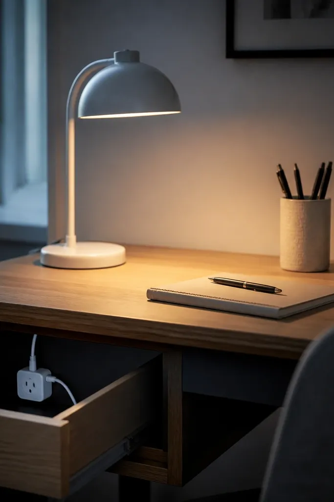 A matte white desk lamp with a domed shade on a small desk. The lamp's cord runs under the desktop into a discreet smart plug mounted on the inside of a desk drawer. Warm light fills the desk area, cooler light is reduced elsewhere.