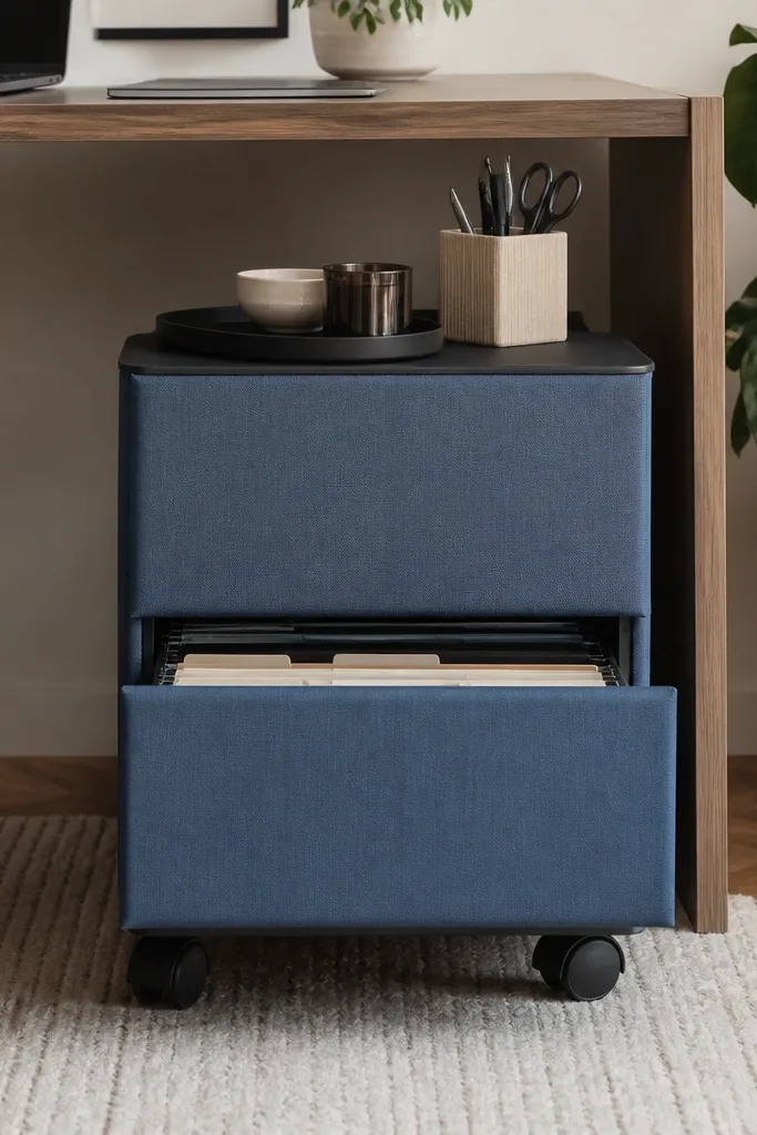A small rolling metal file cabinet under a desk, wrapped on the front with a fitted fabric cover in dusty blue. The top has a black tray and a small desk organizer. A drawer pulls open slightly, showing labels.