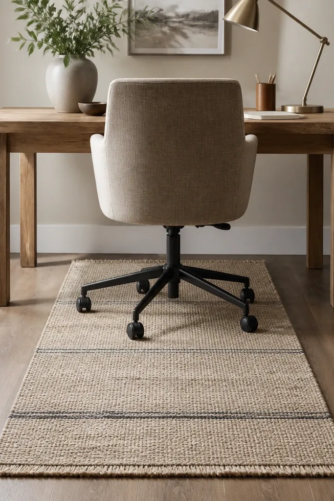 A long woven runner rug placed under a desk chair, with the chair centered on the rug. The runner is neutral with subtle stripes, and the desk legs sit on either side without pinning the rug.
