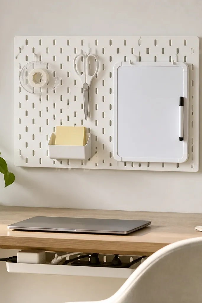 A small pegboard panel mounted on the wall using removable adhesive strips and multiple hooks. Tools hang neatly: a tape dispenser, scissors, sticky note holder, and a small whiteboard. The desk sits below with a cable tray.