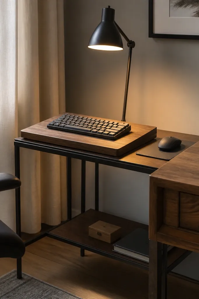 A small side table beside the desk with a flat wood slab tray on top used as a keyboard stand. The keyboard sits centered on the tray, with the mouse on a separate mat. A lamp casts light on the tray.