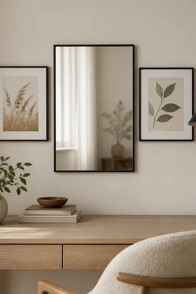 Three frames in a tight cluster behind the desk: two 8x10 prints and one 11x14 mirror. Frames are thin black, and the photos show warm neutrals and a single sage green print. The desk has a small plant and a desk lamp.