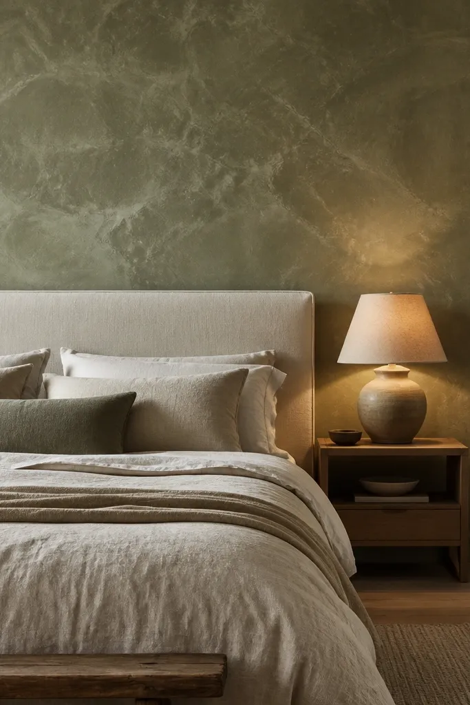 Soft sage wall with uneven limewash texture behind a bed