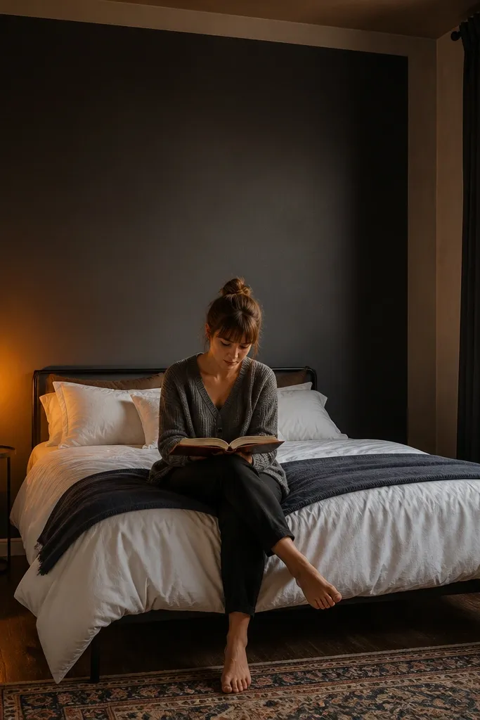 Charcoal accent wall with a thin lighter border around the bed area