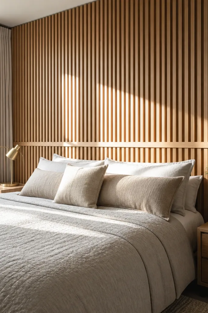 Vertical light oak slats on the wall behind a bed