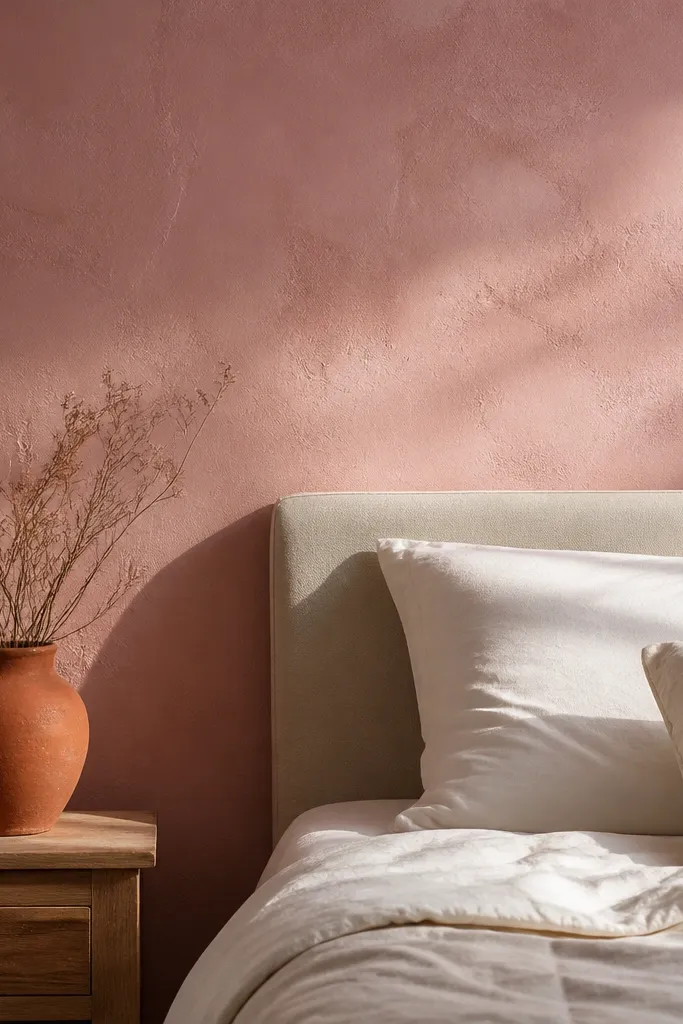 Muted dusty pink wall with smooth plaster-like finish behind a bed