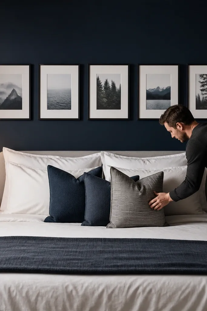 Navy wall with a straight row of framed art above a bed