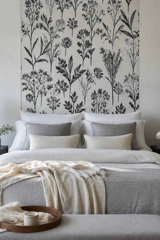 Black and white botanical wallpaper panel behind a bed
