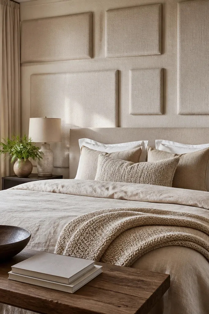 Warm white fabric upholstered panels on the accent wall
