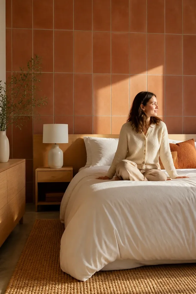Terracotta tile-look accent wall behind a bed