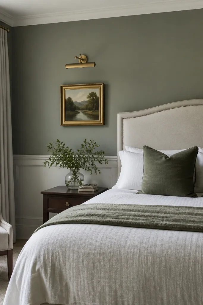 Gray-green wall with a chair rail separating two paint tones