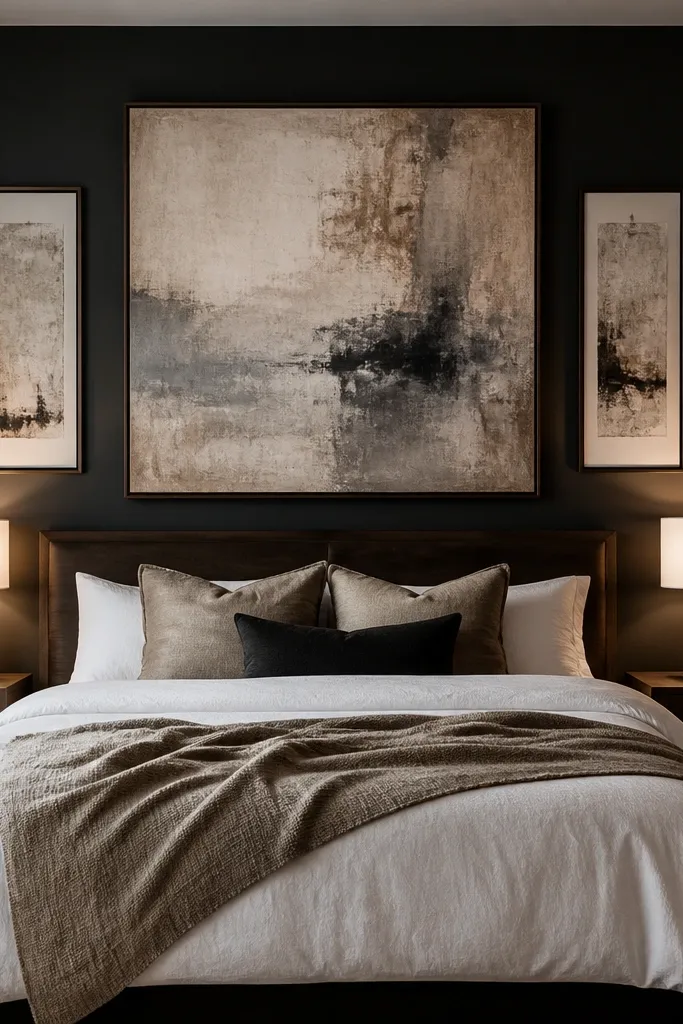 Large canvas centered above bed with two slim frames on a dark wall