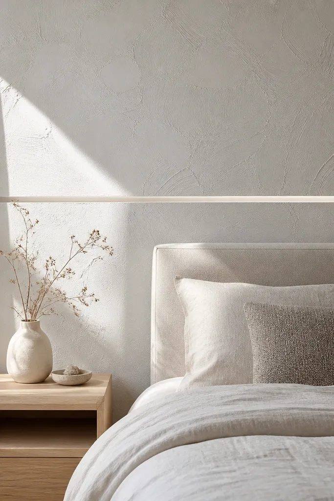 Textured white plaster wall with a thin horizontal line behind a bed