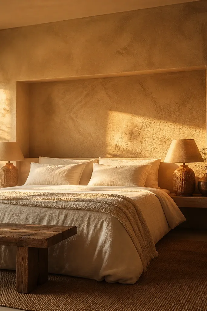 Warm sand clay plaster with a recessed niche behind the bed headboard