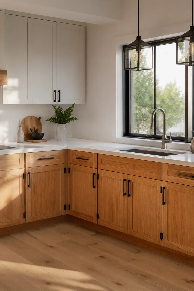 Warm oak cabinets with matte white uppers, black handles, L-shaped counter and a modern sink