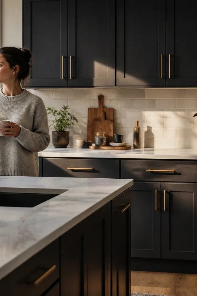 Charcoal cabinets with light marble counters, gold faucet, and a clean modern backsplash