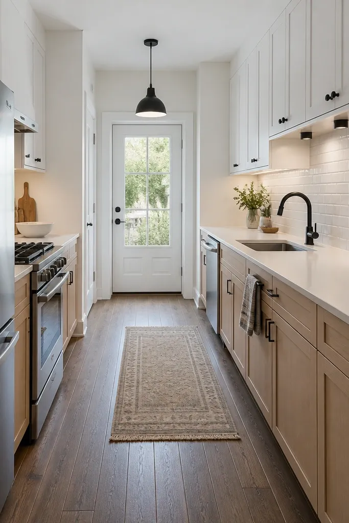 Narrow galley kitchen with white subway backsplash, white cabinets, and a slim dining bar