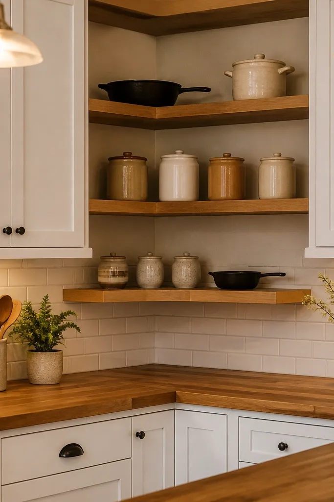 Corner kitchen with white cabinets, warm wood counters, and open shelves with matching jars