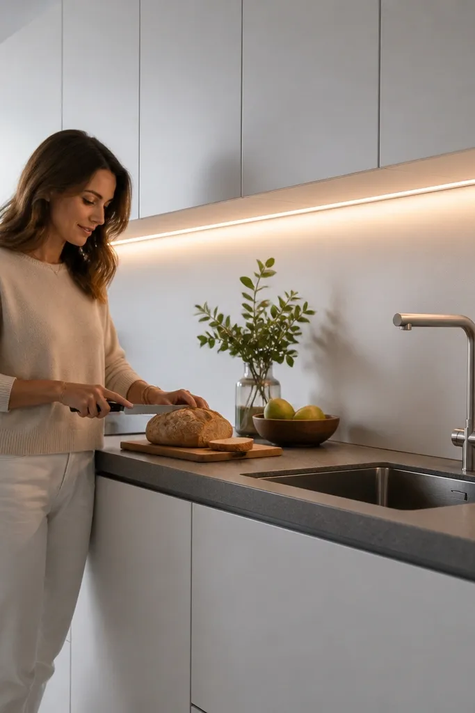 All-white kitchen with deep gray counters and soft light under upper cabinets