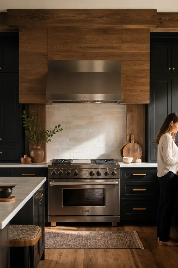 Black cabinets with warm wood accents and a focal stove wall with clean backsplash